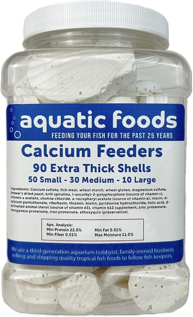 Aquatic Foods Inc. Calcium Feeder Small, Medium & Large Shells. Extra Thick Shells for Shrimp, Snails, Crabs, Crayfish, Hermit Crabs and All Tropical Fish…90 Count Jar