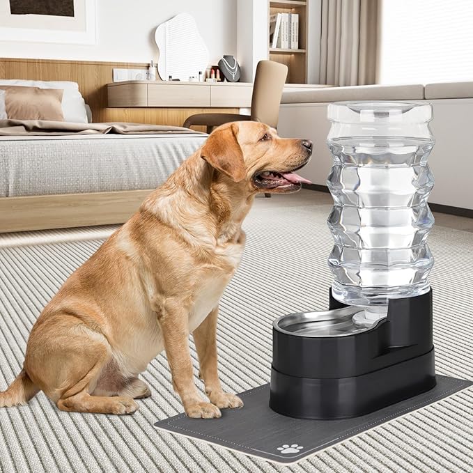 RIZZARI Automatic Pet Waterer, Gravity Stainless Steel Water Dispenser, 100% BPA-Free, Large Capacity Water Feeder for Cats and Small and Medium-Sized Dogs (Black Raised, 9L)