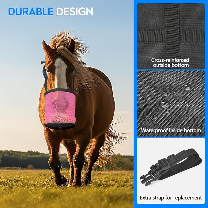 Horse Feed Bag Pack of 2, Feed Bags for Horses with Ventilation Mesh, Comfort Nose Pad Neck Pad, Adjustable Strap, Spill Proof Design for Independent Feeding Grain, Supplements (Pink)