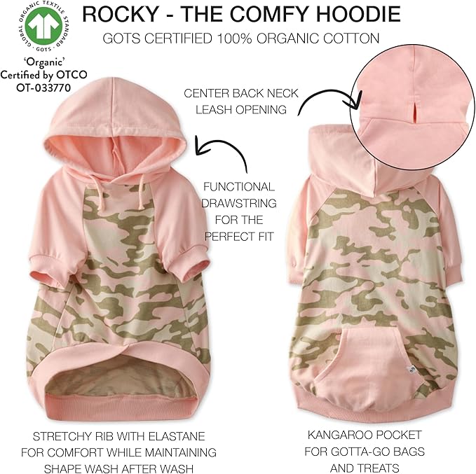 Rocky – The Orginal Lightweight Hooded TEE 100% Organic Cotton Dog Hoodie Pet Coat Sweater for Small, Medium, Large Dogs, Pink Half Camo, Large