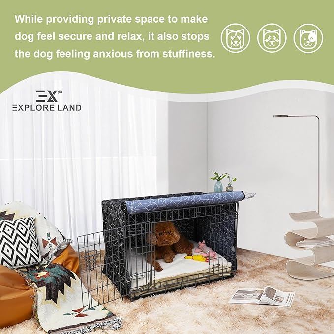 Explore Land Pattern Dog Crate Cover for 48 Inches Wire Cage, Heavy-Duty Polyester 1 2 3 Doors Standard Metal Pet Kennel Enclosure (Brief Polygonal)