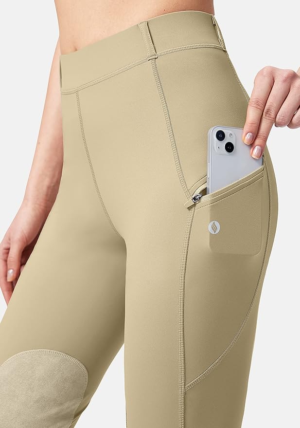 SANTINY Women's Horse Riding Pants with Zipper Pockets Knee-Patch Schooling Tights Equestrian Breeches for Women