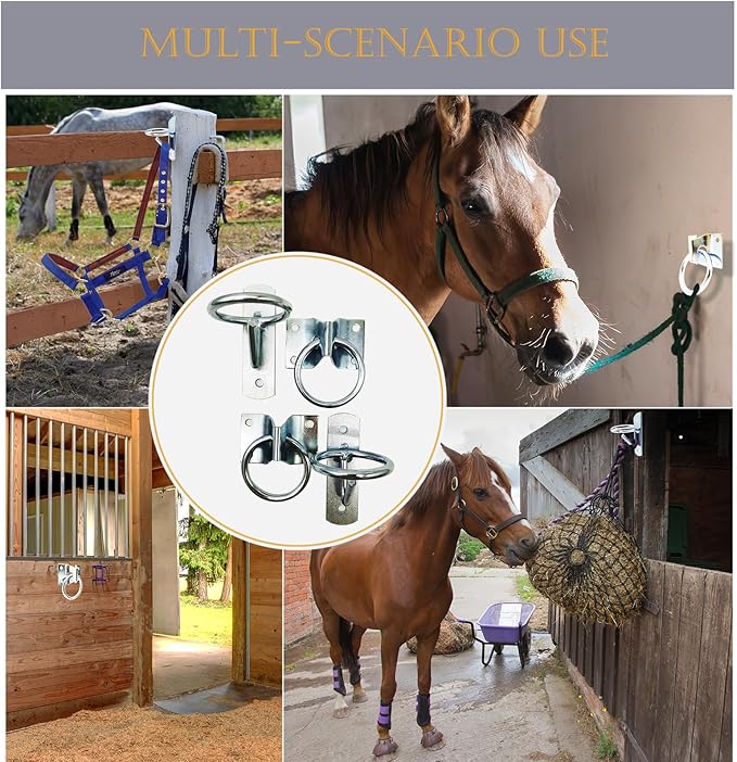 2pcs Cross Tie Ring for Horses Blocker tie Ring with Snap Hooks Stable Door Handle, 2pcs Horse Feed Bucket Hook Water Bucket Holder Horse Stall Accessories Supplies