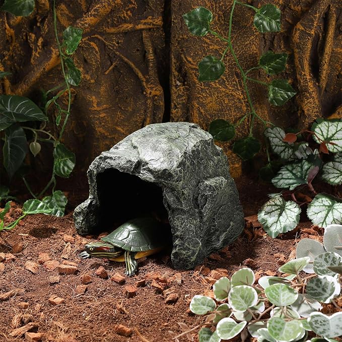 IBWell 7.1 Inch Reptile Hides Resin Tortoise Hideout for Hiding and Basking Aquarium Rock Caves for Snake Bearded Dragon Fish Lizard