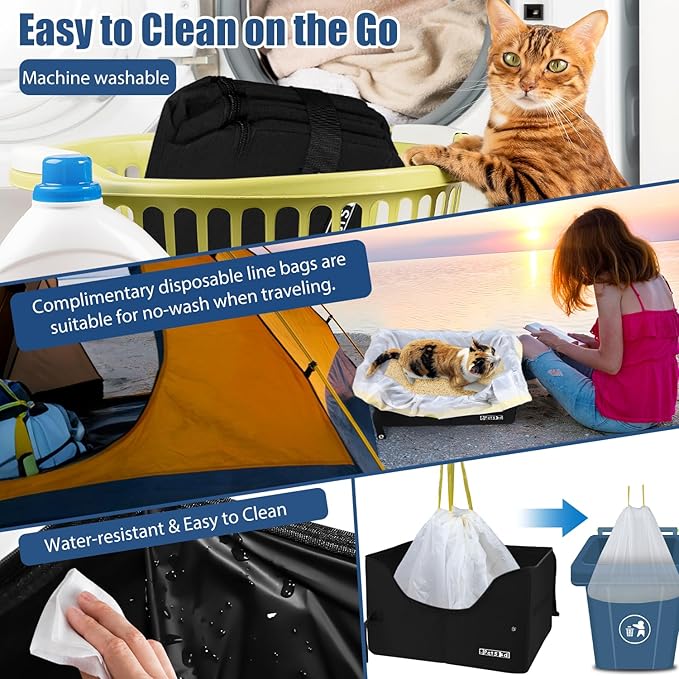 Petskd Portable Travel Litter Box for Cats with Lid and 10 pcs Liner Bags, Light Weight, Leak-Proof and Higher Sides for Road Trips, Hotel Stays, Car Travel(Black)