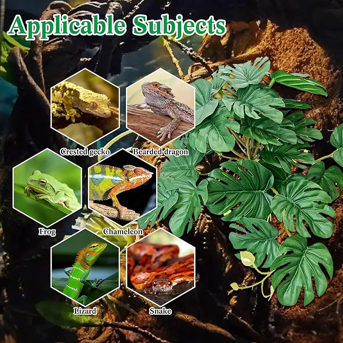 VCEPJH Reptile Plants with Suction Cup Amphibian Habitat Decor 2 Pcs Artificial Leaves for Terrarium Decor Crested Gecko Tank Accessories for Bearded Dragon, Lizard, Snake (Monstera)
