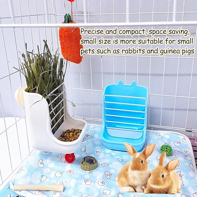 2PCS Rabbit Hay Feeders Rack 2 in 1 Guinea Pig Food Feeder Indoor Feeder for Rabbit Bunny Chinchilla Hamster (Blue+White)