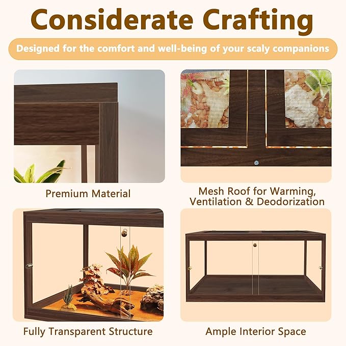 PROLEE Bearded Dragon Tank,60 Gallon Reptile Tank with Meatl Mesh Roof and Front Sliding Door, Anti-Scratch Lizard Tank,Spacious Reptile Enclosure for Snakes,Lguanas, Chameleons(Walnut)