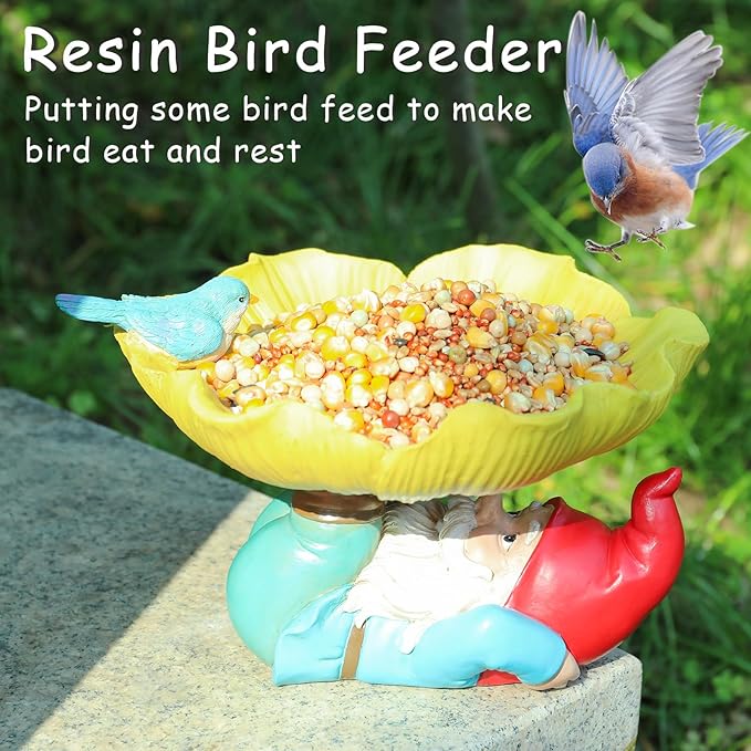 MUMTOP Bird Baths for Outdoors, Outdoor Garden Birdbath Bowl Resin Sunflower Bird Baths and Feeder with Funny Gnome for Outside Yard Table Decor