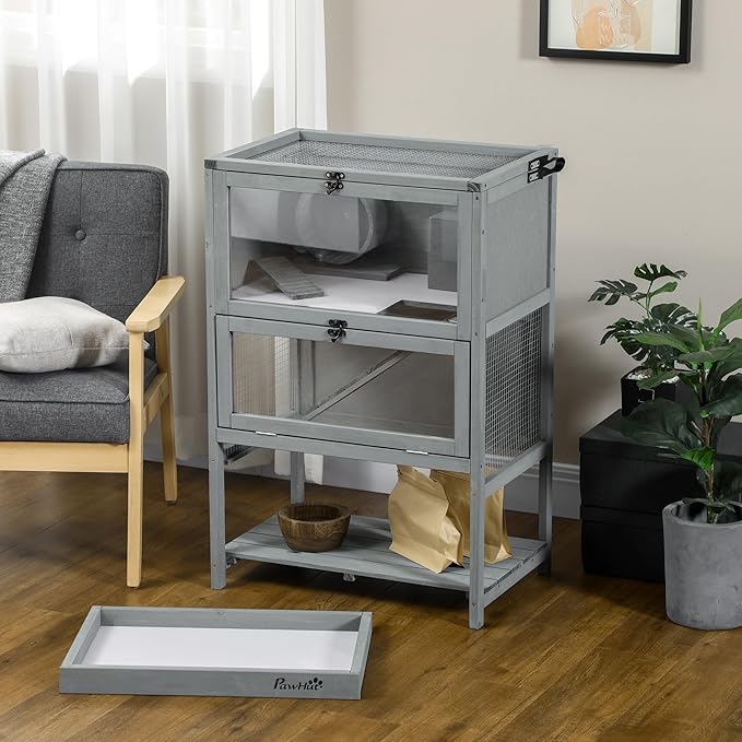 PawHut Wooden Hamster Cage with Storage Shelf, Large Rat Mouse Habitat Including Seesaw, Small Animal Cage with Sliding Tray, Wide Ramp for Racing, Running Wheel, 35.5" H