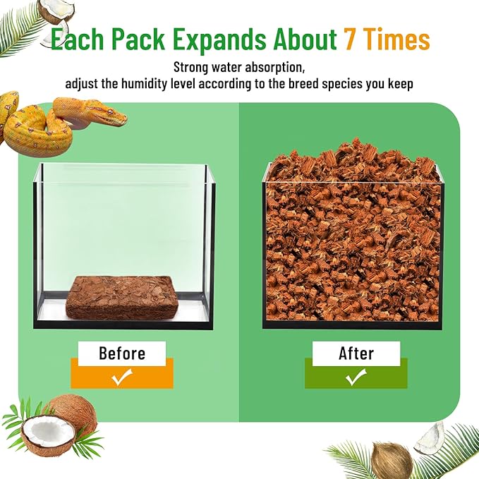 Riare 4 Pack Natural Coconut Chip Substrate for Reptiles- Compressed Coconut Husk Reptiles Bedding, Coco Husk Chip Terrarium Substrate for Snakes, Tortoises, Ball Python, Frogs, Bearded Dragon, Lizard