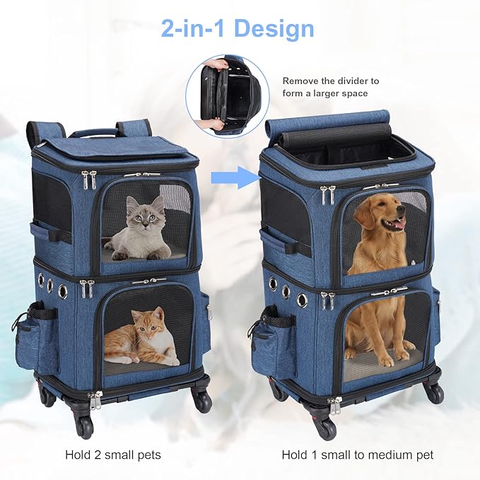 Double-Compartment Pet Carrier Backpack with Wheels for Small Cats and Dogs, Cat Rolling Carrier for 2 Cats, Perfect for Traveling/Taking a Walk/Trips to The Vet, Blue