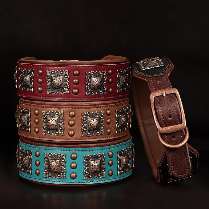 PET ARTIST Soft Padded Leather Dog Collar, 2 inch Wide Genuine Leather Dog Collars with Stylish Studded Rivet & Metal Buckle, Luxury & Adjustable Pet Collars for Medium Dogs,Black,Neck 16-19"
