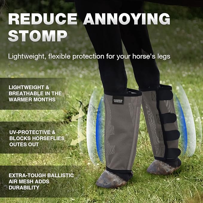 Harrison Howard Loose Fitting Fly Boots UV-Protective Extra Tough Mesh Ventilated Four Fasteners Stay-on Design Protect Horse Legs & Stomp-Reducing Set of 4 Dark Grey Pony