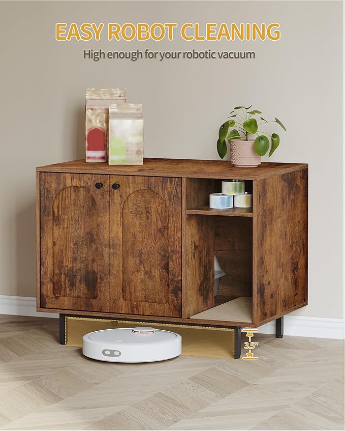 Cat Litter Box Enclosure Enclosed, Hidden Litter Box Cabinet Furniture with Storage, Wooden Indoor Cat House Large, Modern End Table for Living Room Entryway, Rustic Brown and Black CB01501B