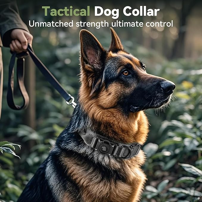 2025 Upgrade Waterproof AirTag Dog Collar, Military Tactical Dog Collar with AirTag Holder, Comfortable Control Handle and Metal Buckle, GPS Dog Collar Holder for Medium to Large Dogs (Black, L)
