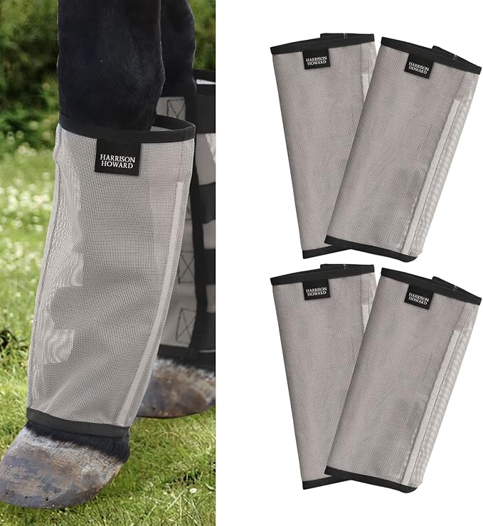 Harrison Howard Loose Fitting Fly Boots UV-Protective Extra Tough Mesh Ventilated Four Fasteners Stay-on Design Protect Horse Legs & Stomp-Reducing Set of 4 Original Grey Mini