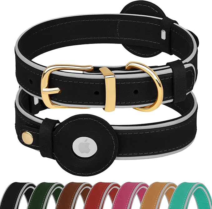 OOPSDOGGY Reflective Geniune Leather Airtag Dog Collar Soft Padded Collars for Small Medium Large Breed Dogs Puppy, 4 Sizes, 7 Colors (Black, Large, 15"-19")