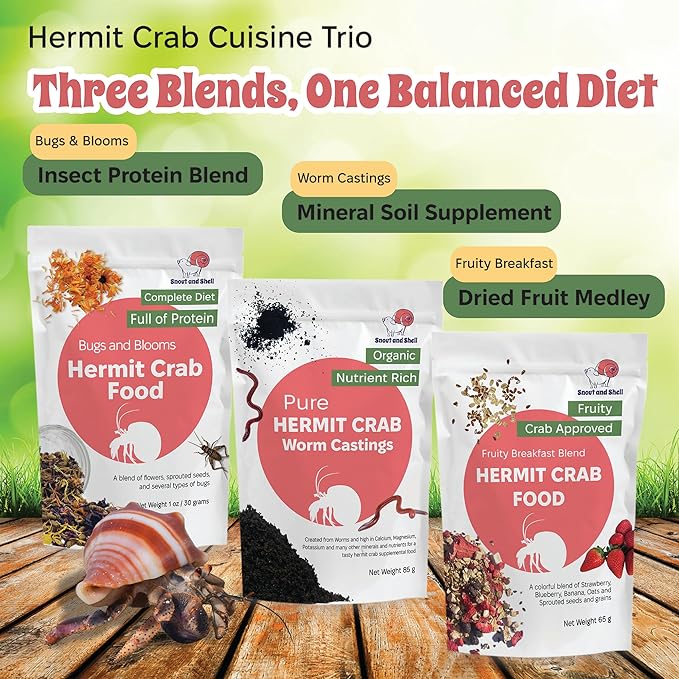 Snout and Shell Hermit Crab Food Variety Pack – Fruity Breakfast, Bugs & Blooms, and Organic Worm Castings – High-Protein, Nutrient-Rich Diet with Fruits, Seeds, Bugs & Minerals – All-Natural, Non-GMO