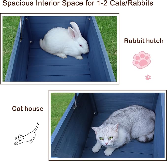 Rockever Outdoor Cat House,Outdoor cat Houses for Feral Cats Weatherproof Rabbit Hutch Small, Wooden Small Pet House and Habitats-Blue