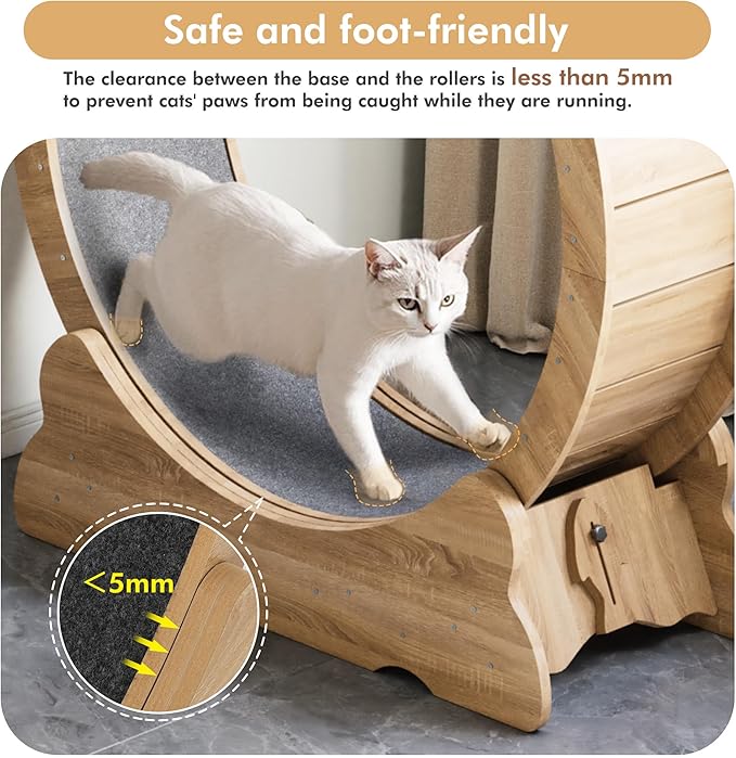 Cat Wheel, 35.4 Inch Cat Exercise Wheel for Indoor Cats Treadmill with Detachable Carpet and Teaser, for Running Walking Training, Natural Wood