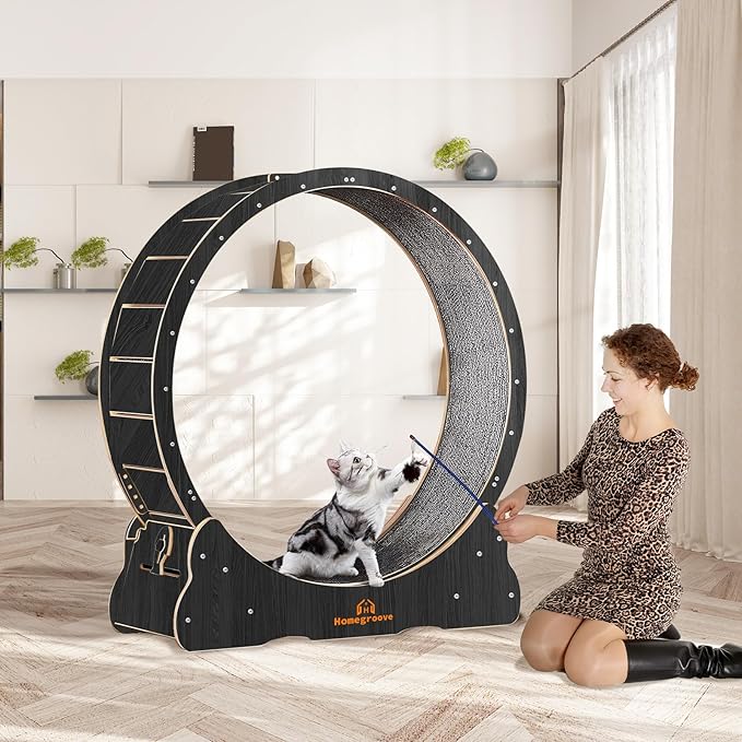 Homegroove Cat Wheels for Indoor Cats, 46 inch Large Cat Exercise Running Treadmill Wheel with Carpeted Runway for Kitty’s Longer Life, Black(XL)