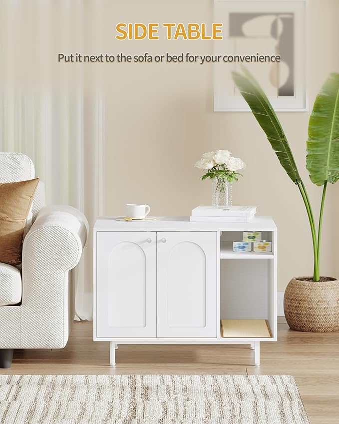 Cat Litter Box Enclosure Enclosed, Hidden Litter Box Cabinet Furniture with Storage, Wooden Indoor Cat House Large, Modern End Table for Living Room Entryway, White CB01513W