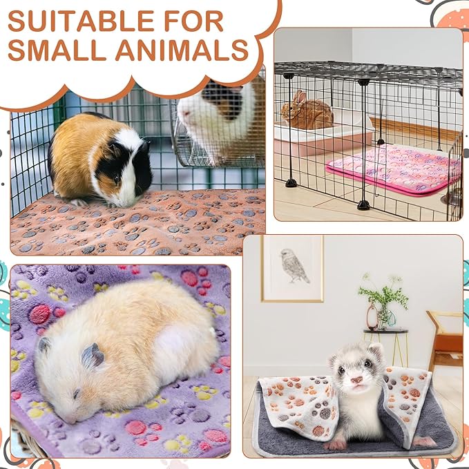 Tudomro 8 Pcs Guinea Pig Blankets Absorbent Washable Animal Fleece Bedding Cage Liners Waterproof Reusable Pet Pee Sleep Mat Pad Cover for Chinchilla Hamster Ferret(Paw,16 x 24 Inch)