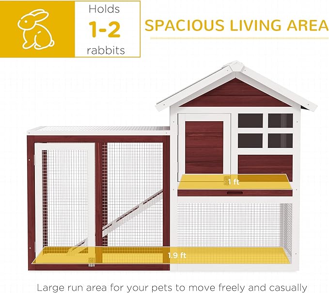 PawHut 48" Wooden Rabbit Hutch Bunny Cage with Waterproof Asphalt Roof, Fun Outdoor Run, Removable Tray and Ramp, Brown