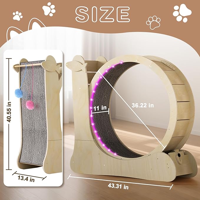 Cat Wheel,LED Cat Wheels for Indoor Cats Fitness,DIY Rainbow Runs,Solid Wood Exercise Wheel Running Treadmill with Color-Changing Light Strips,Scratch Pad and Brake