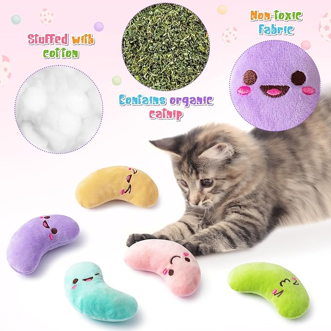 MALLMALL6 5Pcs Easter Jelly Beans Candy Catnip Toys Gift for Indoor Cat, Colorful Sugar Catmint Interactive Toy, Soft Cute Pet Presents Supplies Gift for Cat Lover, Kitten Teething Chew Kick Set