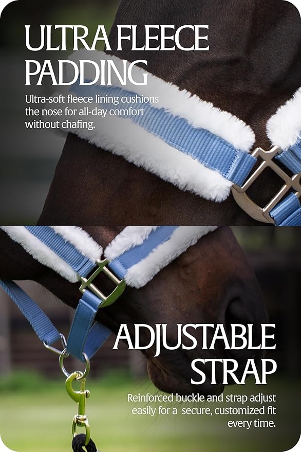 Equinavia Valkyrie Ultra Fleece Breakaway Horse Halter | Padded Fleece Adjustable Safety Halter with Nylon Webbing - Forever Blue/White - Warmblood