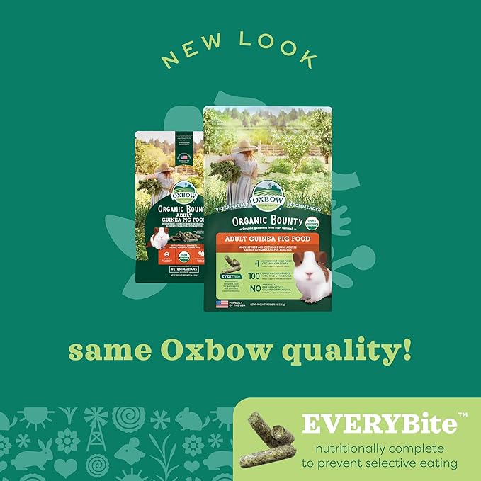 Oxbow Organic Bounty Adult Guinea Pig Food, Organic Guinea Pig Pellets Made with Timothy Hay, Stabilized Vitamin C, Small Animal Pet Products, Small Animal Food Made in USA, High Fiber, 3 lb. bag