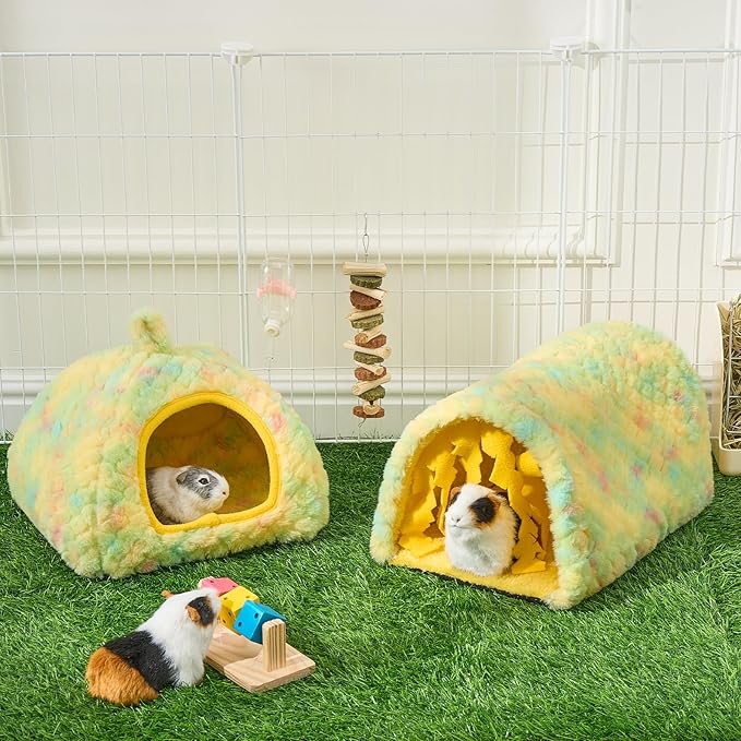 Avont 2 Pack Guinea Pig Hideout Bed and Tunnel Toys Set with Curtain, Washable Soft Plush Bunny Hideaway House Tube Cage Accessories for Small Animal Pet, Rabbits Chinchilla Hamster Ferret Rat -Yellow