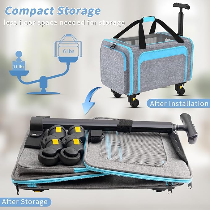 Pet Carrier with Detachable Wheels, TSA Airline Approved Rolling Cat Carrier for Small Dogs and Cats up to 15Lbs, Sturdy Frame & Smooth 360° Wheels for Travel & Vet - 18" L x 11" W x 11"