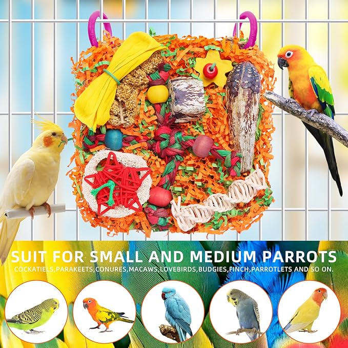 Bird Toys for Small & Medium Parrots - Natural Foraging & Shredding Cage Hanging Toys with Seagrass Mat, Starfruit, Loofah Slices for Budgies, Cockatiels, Lovebirds, Conures (1 PCS)