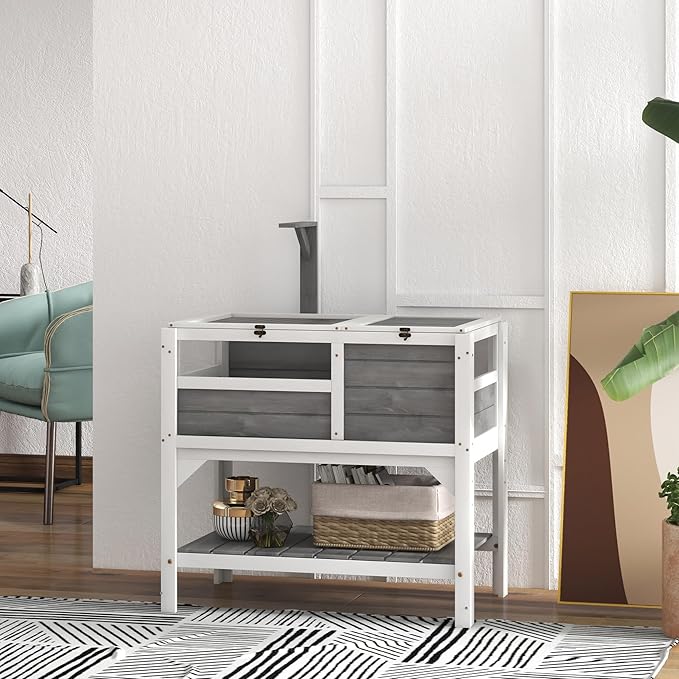 PawHut Tortoise Habitat with Shelf Storage, Tortoise Enclosure with Weather Protection, Reptile Enclosure with Tray, Light Support Frame, Light Gray