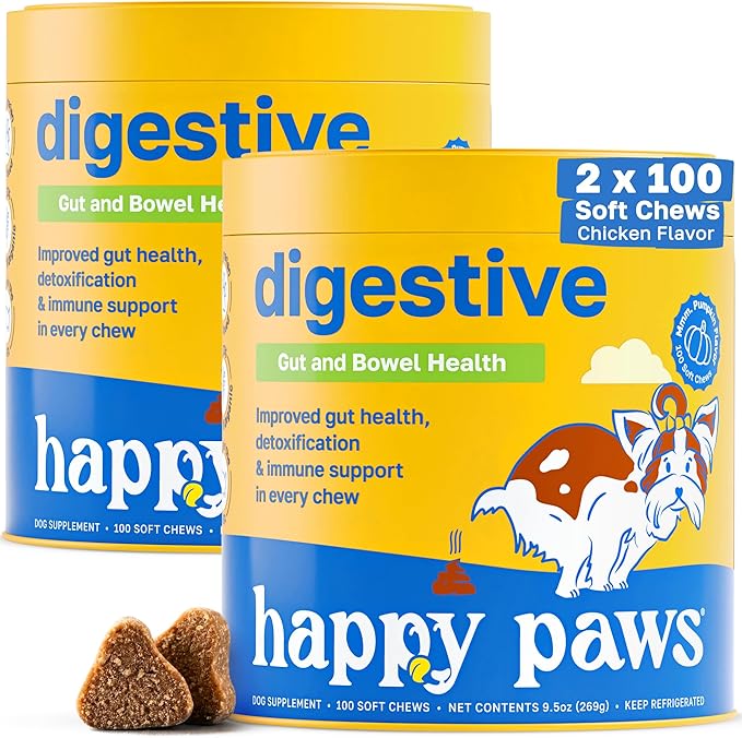Happy Paws Digestive Supplement for Dogs, Supports Gut Health for Dogs of All Breeds & Ages, Made with Probiotics, Enzyme Blend & Ginger Root, Pumpkin Flavor, Organic, Non GMO, 200 Soft Chews