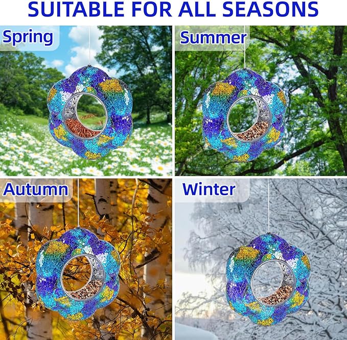 VOREEN Mosaic Bird Feeder, Fly Through Bird Feeders for Outdoor Hanging, Handmade Glass Wild Bird Feeder, for Garden Yard Backyard Deck and Porch, Gift for Mom Wife Friend, Blue Flower, 8"