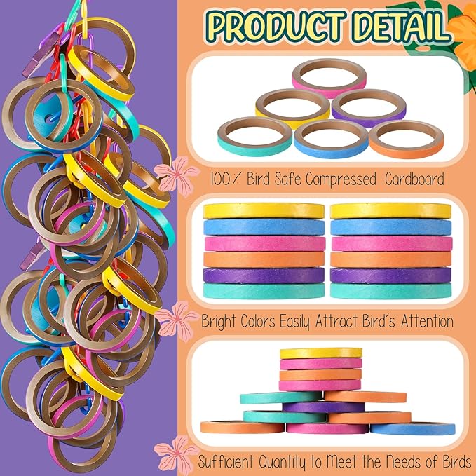 60 Pcs Bagels Bird Toys Bulk for Parrots Durable Cardboard Core Bird Toy Chewing Shredding Foraging Play Foot 2.5'' for Small and Medium Parrot Mini Macaws African Grey Cockatoos