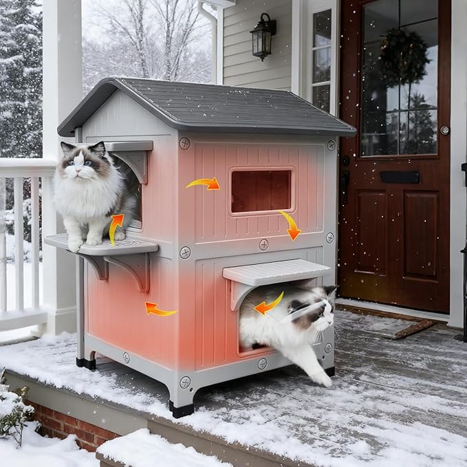Rockever Plastic Outdoor Cat House with Insulated Liner, 100% Insulated Outdoor Cat Houses for Winter, Waterproof 2 Story Outside Cat Shelter, Clean and Assemble Easily-Grey