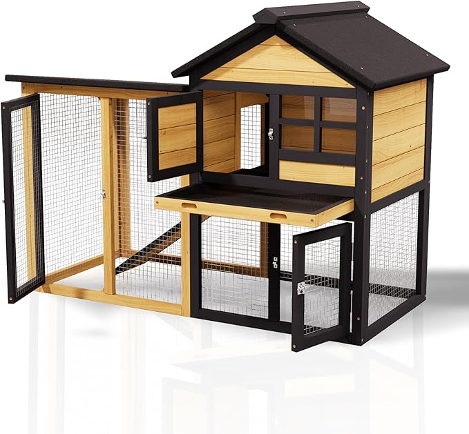 Chicken Coops Outdoor Wooden Double-Decker Chickens with Deep Push-Pull Trays, Non-Slip Slopes, Waterproof Asphalt Roof Suitable for a Variety of Animals (Yellow Black)