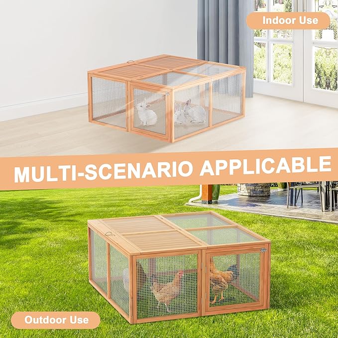 Portable Chicken Coop Run, Rabbit Hutch with Top & Side Opening Doors, Folding Wooden Rabbit Cage for Guinea Pigs, Bunny, Rabbit, Hedgehog, Small Animal Outdoor (Logs)