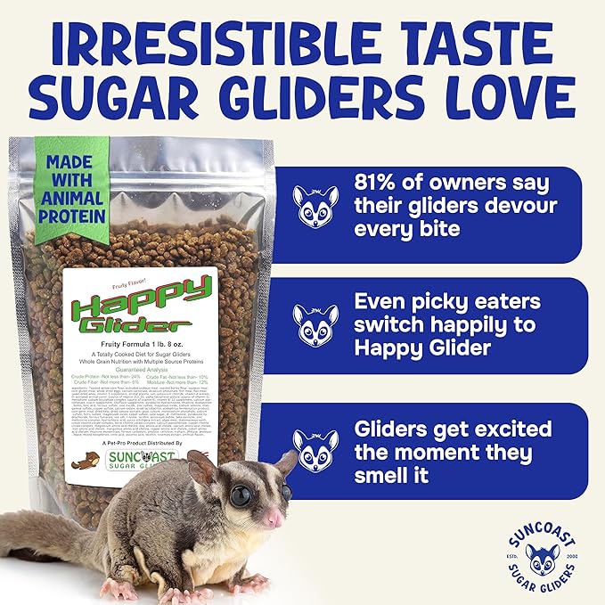 Happy Glider Premium Sugar Glider Food - High Protein, Calcium, Vitamins and Minerals, Complete Nutrition for Small Animals and Exotic Pets, 4 Months Supply - Fruity, 3 lbs