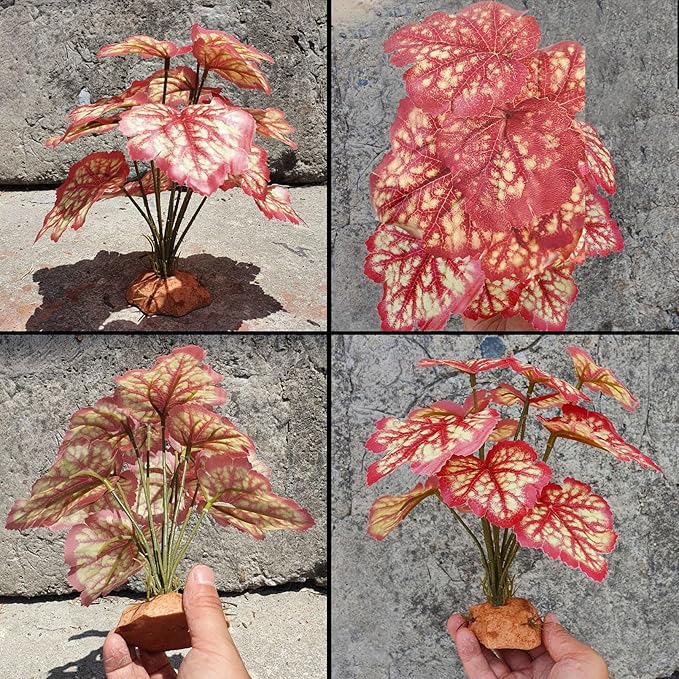 Woyrise Reptile Artificial Plants Terrarium Decor, Amphibian Cage Plant Bearded Dragon Tank Accessories fit Crested Gecko Leopard Lizard Chameleon Ball Python Snake Frog - Pink Heuchera