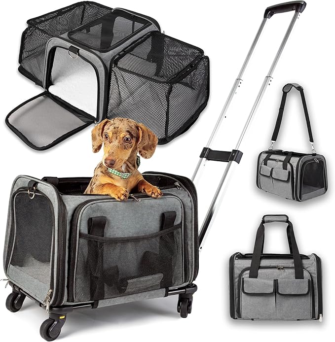 Pet Carrier with Wheels | Delta American Frontier Airline Approved | Two Expandable Sides, Storage Pockets Adjustable Leash | Rolling Dog and Cat Carrier TSA Compliant (Light Grey 17x12.5x11)