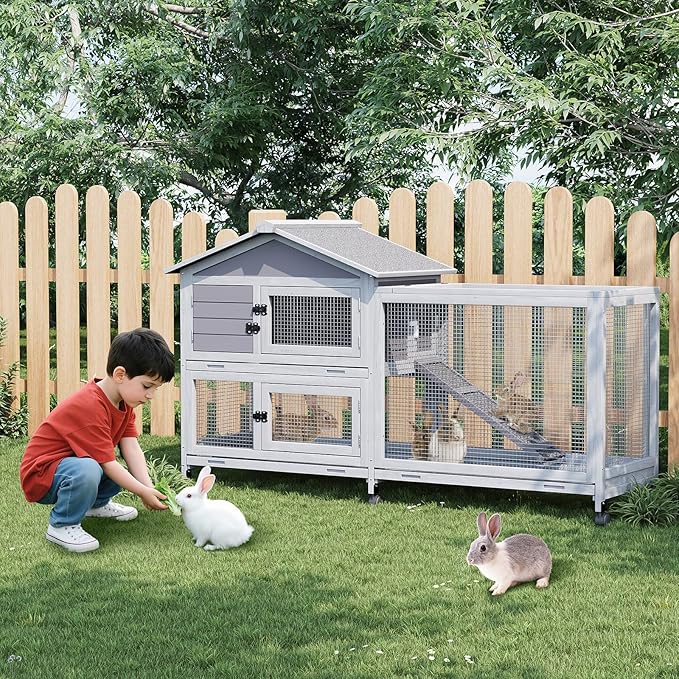 Rabbit Cage with Ramp & Waterproof Roof, Bunny Hutch for Indoor/Outdoor, 2-Story Design, Rabbit Hutch with 6 Lockable Caster Wheels & Three Pull-Out Trays（63.2" l x 22.4" w x 37"）