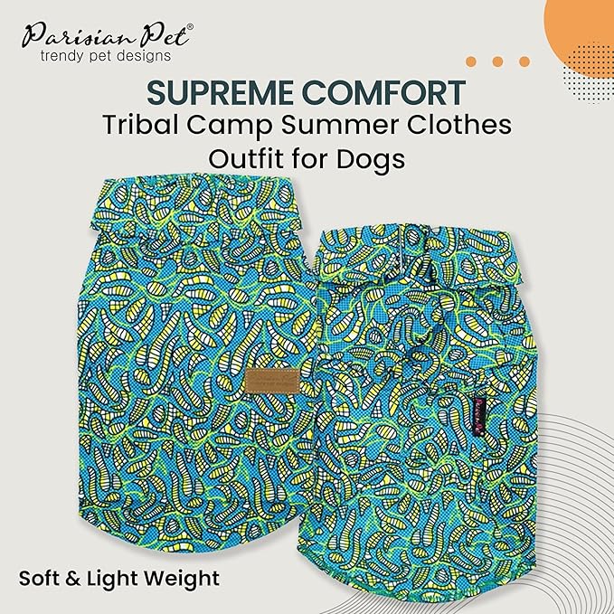 Parisian Pet Tribal Camp Beach Outfit - 100% Cotton Summer Clothes - Stylish Dog Costume - Breathable and Cool Pet Clothing - Machine Washable Shirts for Medium Dogs - M