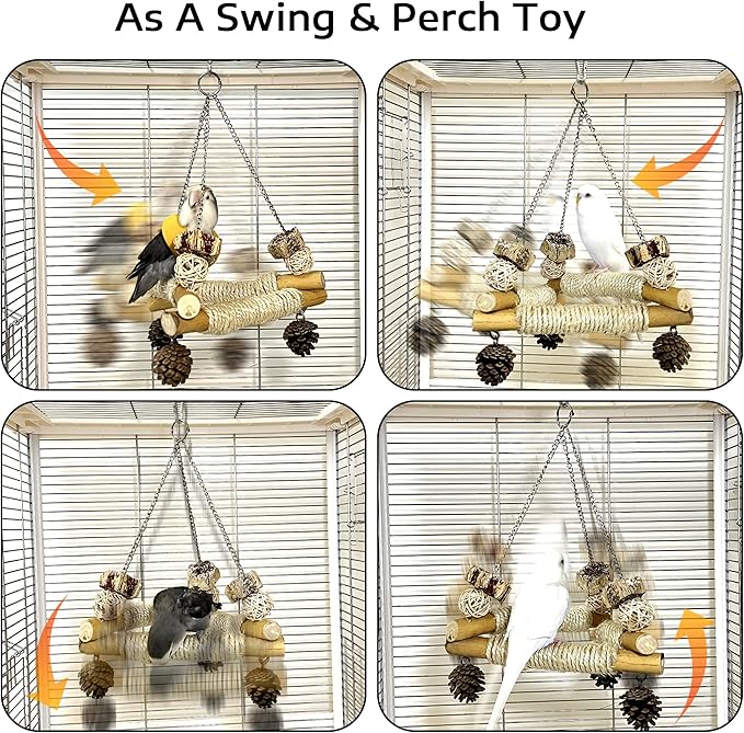 Bird Swing for Cage with Chew Toys, 3 Sisal-Wrapped Parrot Perches & Stable Triangle Design, Wooden Hanging Parakeet Toys Swing for Cockatiel Lovebirds Conures Quaker Balance Training (S)