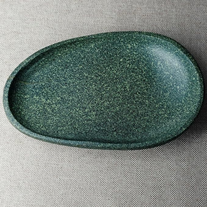 Natural River Stone Reptile Food Bowl - Handmade Pebble Dish for Reptiles, Amphibians, Hedgehogs, and Small Pets - Unique Size, Shape & Color - Water & Food Bowl (Green)